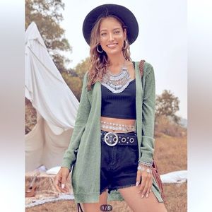 Long, open front, slight shimmer stitching cardigan.